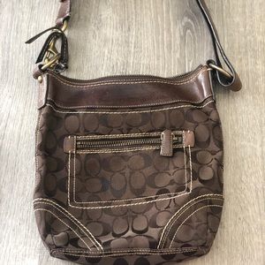Coach purse, brown leather, signature print